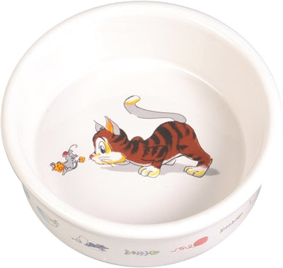 Product image of:TRIXIE VOERBAK / WATERBAK STRIPKAT MET MUIS KERAMIEK WIT