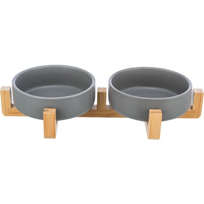 Product image of:TRIXIE VOERBAK DRINKBAK SET KERAMIEK GRIJS / HOUT