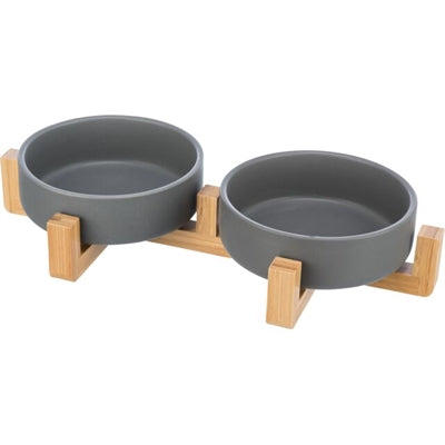 Product image of:TRIXIE VOERBAK DRINKBAK SET KERAMIEK GRIJS / HOUT