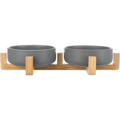 Product image of:TRIXIE VOERBAK DRINKBAK SET KERAMIEK GRIJS / HOUT